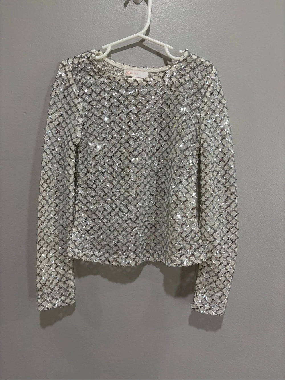 GB girls Silver Sequin Grid Long-Sleeve Top